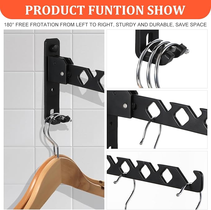 2 Pack Wall Mount Coat Hanger Holder Black Clothes Drying Organizer Rack Garment Hooks Aluminium Retractable Folding Indoor Wall Mounted Hanger Space Saver for Laundry Room Bedroom Black