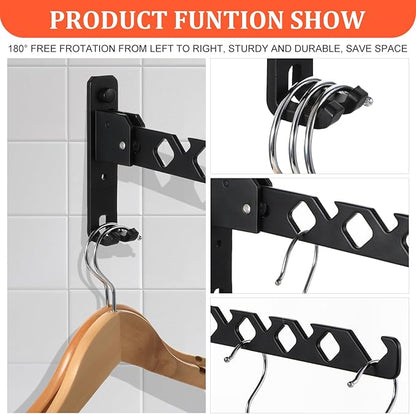 2 Pack Wall Mount Coat Hanger Holder Black Clothes Drying Organizer Rack Garment Hooks Aluminium Retractable Folding Indoor Wall Mounted Hanger Space Saver for Laundry Room Bedroom Black