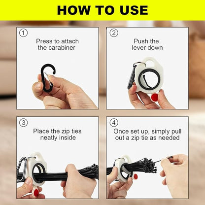 Zip Tie Holder Cable Tie Organizer Clip with Carabiner—Ideal for Tool Belts, Electrician Tool Storage, Reusable, Portable (White, 4-Pack)