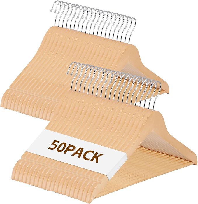 JupiterForce Wooden Clothes Hangers 50 Pack, Non-Slip Wood Hangers with 360° Swivel Hook & Shoulder Grooves, Coat Hanger for Suits, Coats, Shirts, Pants, Jackets and Dress(Natural)