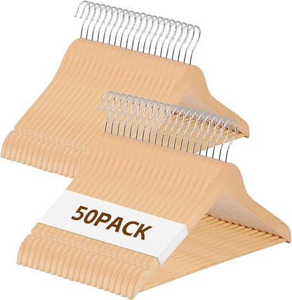JupiterForce Wooden Clothes Hangers 50 Pack, Non-Slip Wood Hangers with 360° Swivel Hook & Shoulder Grooves, Coat Hanger for Suits, Coats, Shirts, Pants, Jackets and Dress(Natural)
