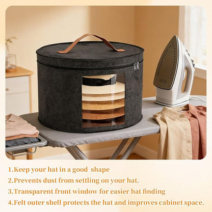 Hat Boxes for Women&Men Storage, Round Felt Hats Storage Box Container for Closet, Cowboy,Round Brim, 16" D x 10" H Foldable Caps Organizer Bag for Travel with Dustproof Lid (Black)