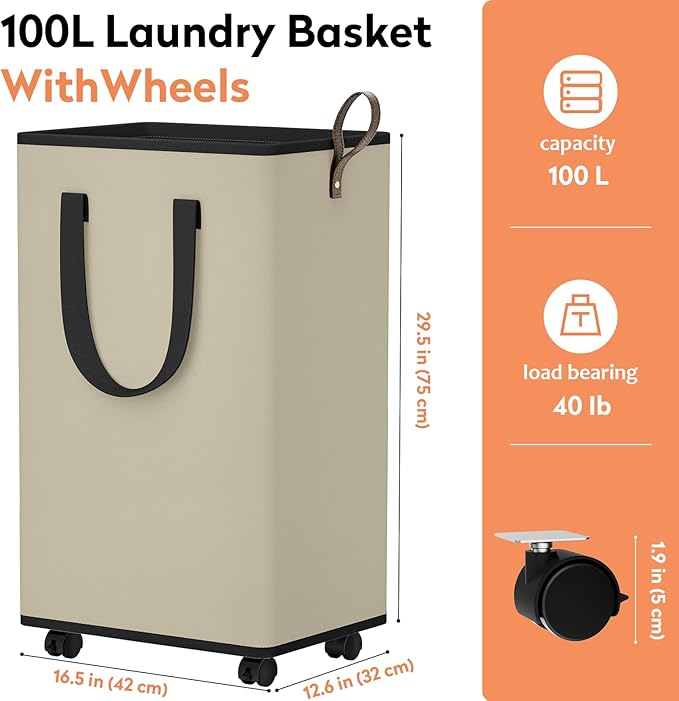 SpaceTrove Laundry Basket with Wheels, Collapsible Laundry Baskets, Laundry Hamper with Handles Detachable Wheels, Rolling Laundry Basket, Dirty Clothes Hamper for Bathroom, Dorm, Bedroom, Beige, 100L