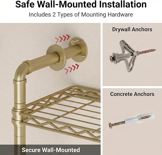 F2 Wall Mounted Closet System, Industrial Pipe Clothing Rack for Hanging Clothes, Heavy Duty Closet Organizer System, Clothes Racks with Shelves & Expandable Rod for Wardrobe, Corner, Gold