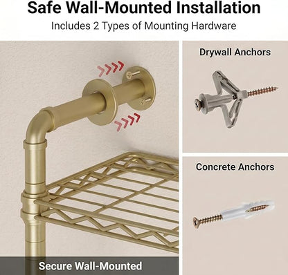 F3 Wall Mounted Closet System, Industrial Pipe Clothing Rack for Hanging Clothes, Heavy Duty Closet Organizer System, Clothes Racks with Shelves & Expandable Rod for Wardrobe, Corner, Gold