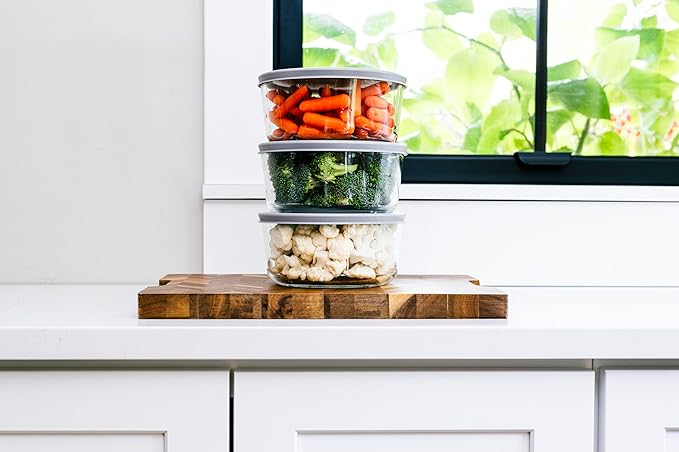 6-Piece Glass Food Storage Containers Set (3 Containers + 3 BPA-Free Lids) | 4-Cup, Leakproof | Microwave, Freezer, Oven & Dishwasher Safe | Ideal for Meal Prep & Pantry Organization, Grey