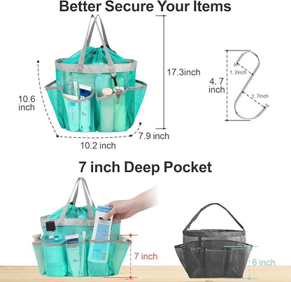 F-color Mesh Shower Caddy Portable with Drawstring - Large 8 Pockets Dorm Room Essentials for Guys Girls with S Hook, Shower Bag Basket Tote for College Camping Gym Travel Bathroom, 2 Pack Mint Green