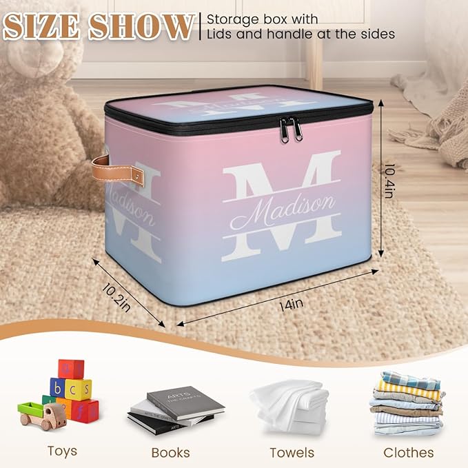 Custom Storage Bins with Initial Name, Personalized Storage Basket Boxes with Lid, Foldable Shelf Basket, Blue Pink Gradient