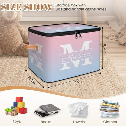Custom Storage Bins with Initial Name, Personalized Storage Basket Boxes with Lid, Foldable Shelf Basket, Blue Pink Gradient