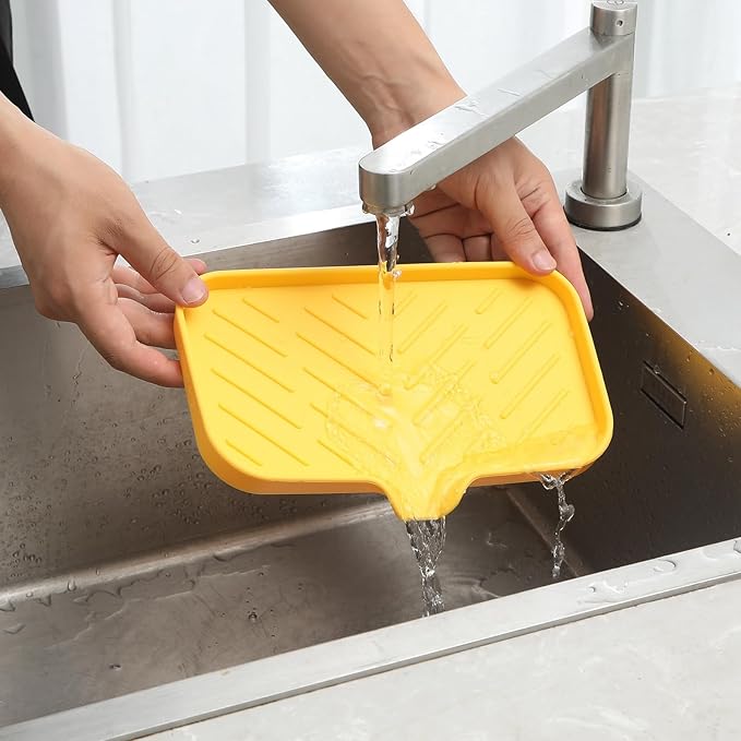 MicoYang Silicone Bathroom Soap Dishes with Drain Spout-Bathroom and Kitchen Sink Organizer,Sponge Holder,Dish Soap Tray,Perfect for Dispenser,Scrubber,Bottle,Cup on Sink or Counter-Yellow 9.6"×5.3"
