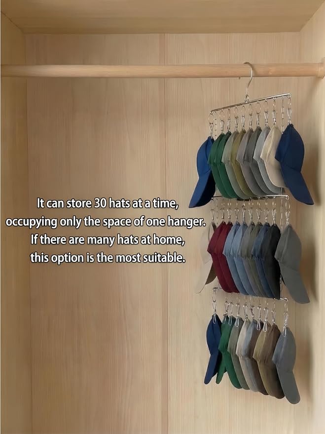 Closet Hat Organizer with 30 Clips, Foldable Hanging Storage Rack for Baseball Caps, Hat Rack