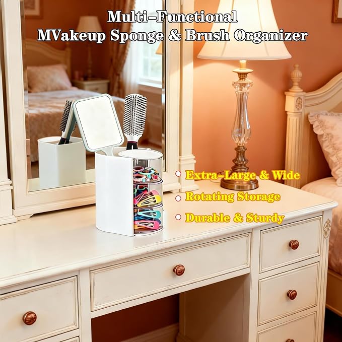 Rotating Hair Accessories Organizer & Makeup Brush Holder - 3-Tier Jewelry Storage Box for Earrings, Necklaces, Bracelets, Rings, Hair Clips (White)