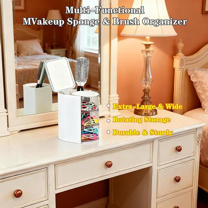 Rotating Hair Accessories Organizer & Makeup Brush Holder - 3-Tier Jewelry Storage Box for Earrings, Necklaces, Bracelets, Rings, Hair Clips (White)