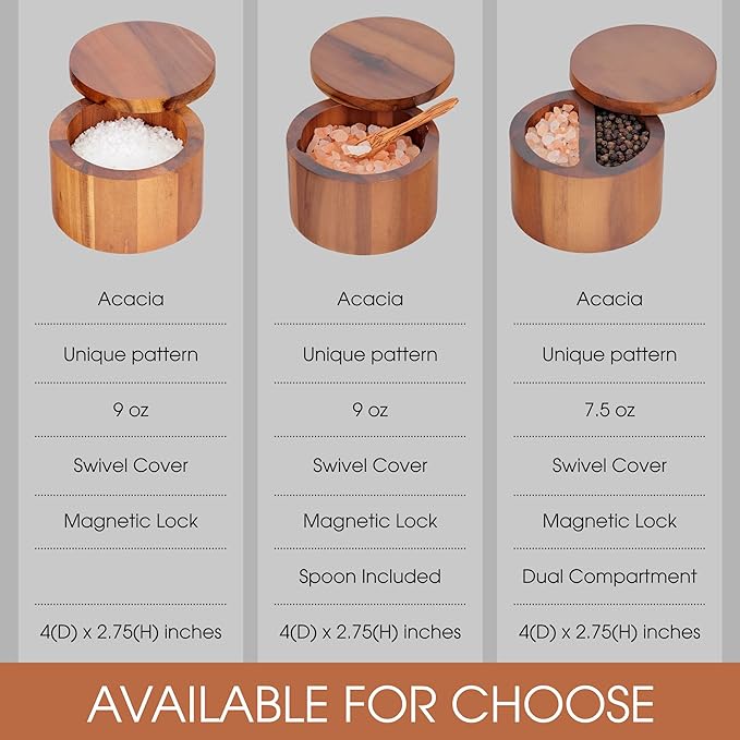 Demigo Acacia Salt Cellar 9 Ounces Capacity, Wood Salt Box With Swivel Cover, Spice Keeper, Wood Jar For Kitchen, Perfect For Keeping Table Salt, Gourmet Salts, Herbs or Favorite Seasonings