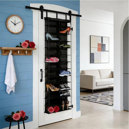 Hoodie Sweatshirt Storage Hack, Door Hanging Shoe Rack Organizer, 26-Pocket Clear Holder, Large 63" x 22" Foldable Behind The Door Organizer (Beige 1PC)