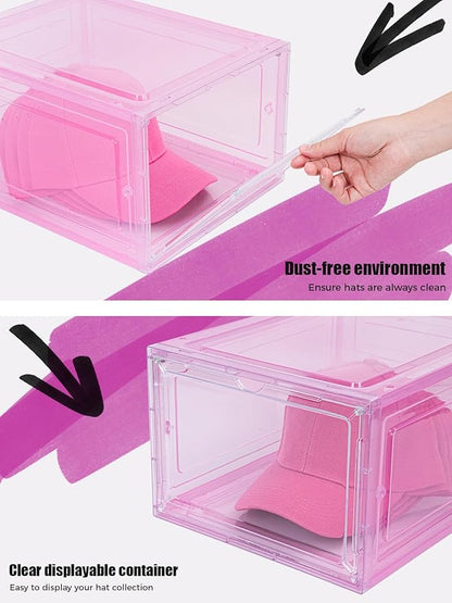SCAVATA 6 Pack Hat Organizer Box, Stackable Clear Baseball Caps Holder Box Containers with Magnetic Door for Hats Snapback Cap Storag, Hat Rack Display Case, Holds 8 Hats Each (Pink)