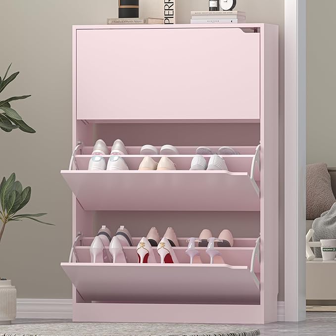 Shoe Storage Cabinet for Entryway, Pink Shoe Cabinet with 3 Flip Drawers, Hidden Shoes Rack Freestanding Storage Organizer for Entryway,Closet, Living Room,Hallway 47.24"H × 31.50"W × 9.44"D