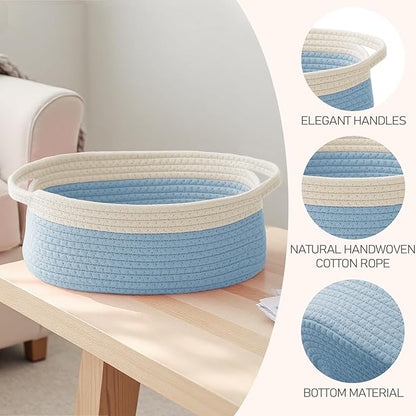 JMvicyroam Woven Basket,Small Rope Storage Bin with Handles & Ribbon Bag, Organizer for Shelves Closets,Gift Basket Empty for Birthday,Books,Dog Toys, White&Blue/3 Pack