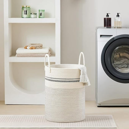 VIPOSCO Large Laundry Hamper, Tall Woven Rope Storage Basket for Blanket, Toys, Dirty Clothes in Living Room, Bathroom, Bedroom - 58L Stripe White