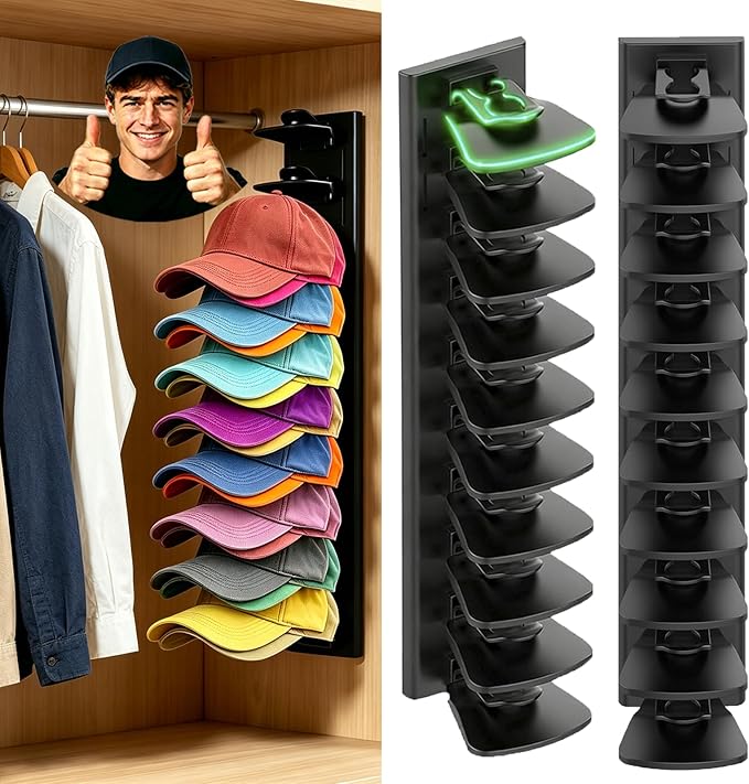 2Pack Upgraded Contour Fit Lock Hat Organizer for Baseball Cap,Hat Rack Strong Adhesive Hat Hangers for Wall Hold Up to 20 Hats,Multi-layer Hat Storage Display for Closet,Door Bedroom-Black