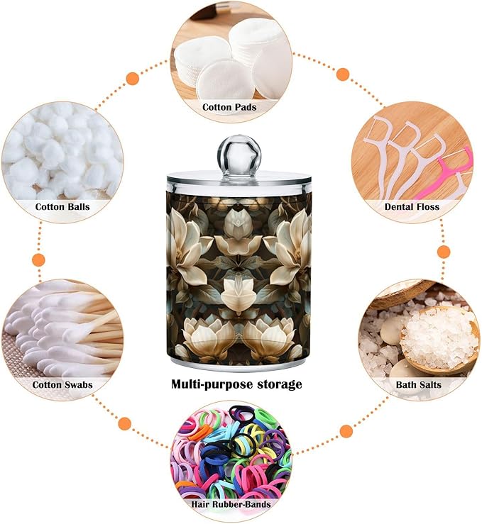 4 Pack Magnolia Flowers Apothecary Jars with Lid, Qtip Holder Storage Containers for Cotton Ball, Swabs, Pads, Clear Plastic Canisters for Bathroom Vanity Organization (10 Oz)