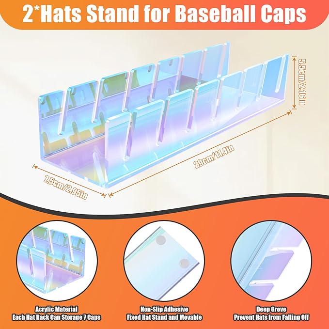 Hat Stand for Baseball Caps, 2 Pack No Install Acrylic Hat Organizer for 14 Baseball Caps Storage Organizer, Hat Racks Hat Holder Display and Organization for Closet, Bedroom, Dresser (Colorful-2Pack)