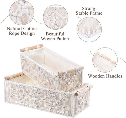 2 Pack Macrame Storage Baskets, Boho Decor Baskets Woven Storage Boxes for Organization Countertop Toilet Paper Basket for Home Decor Bedroom Nursery Livingroom Entryway, White