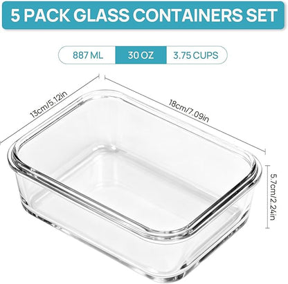 Vtopmart 5Pack 30oz Glass Storage Containers with Lids, Glass Meal Prep Food Container Sets with Snap Airtight Lids for Microwave, Oven, Freezer and Dishwasher, Grey