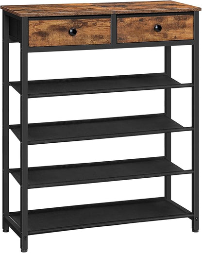 HOOBRO Shoe Rack, 5 Tier Shoe Storage Organizer with 2 Non-Woven Drawers, 12-16 Pairs of Shoes for Entryway, Shoe Shelf with 4 Oxford Fabric Shelves and Wooden Top, Closet, Rustic Brown BF78XJ01