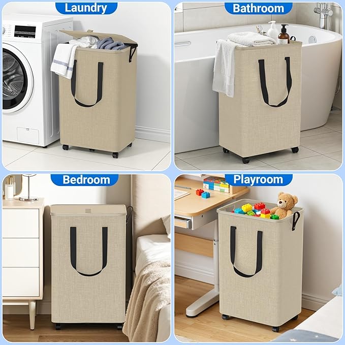 Laundry Basket with 5 Wheels, Tall Dirty Laundry Hamper, Rolling Laundry Basket with Lid, Collapsible Clothes Hamper for Bathroom Bedroom Dorm Laundry Room, Khaki, 75L