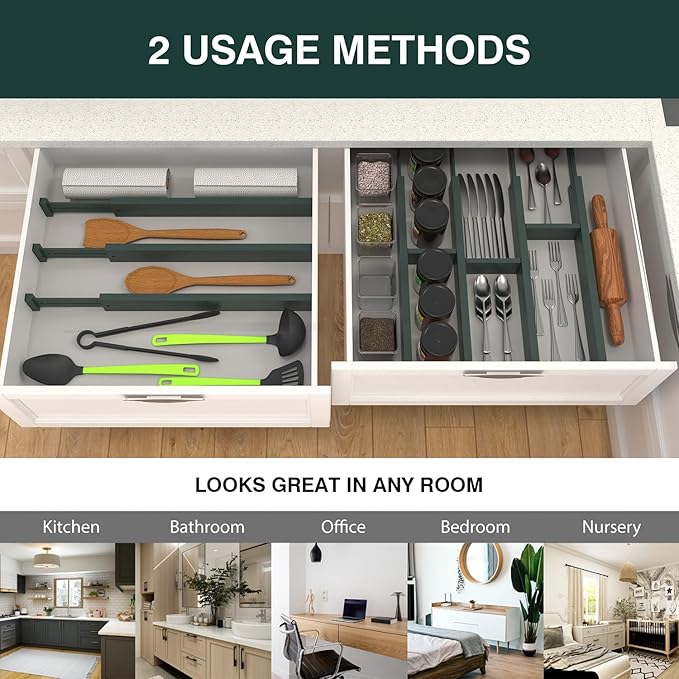 ANTOWIN Expandable Bamboo Drawer Dividers Organizers, Drawer Separators Splitter,17-22 inches Long Adjustable Spring-loaded Organizer for Large Utensil, Clothes, Tools(Dark Green)