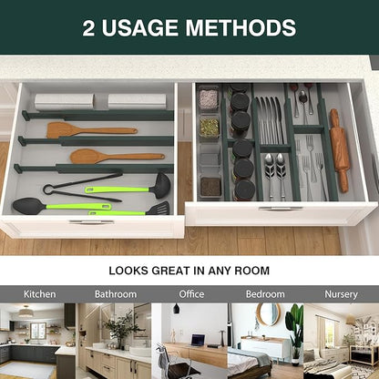 ANTOWIN Expandable Bamboo Drawer Dividers Organizers, Drawer Separators Splitter,17-22 inches Long Adjustable Spring-loaded Organizer for Large Utensil, Clothes, Tools(Dark Green)