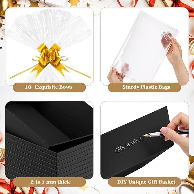 AFOROEOA 10PACK Baskets For Gifts Empty, 10 x 8” Thick Black Gift Basket with 10 Clear Gift Bags and 10 Pull Bows, Empty Gift Baskets for Christmas, Thanksgiving Wedding Birthday Party Wrapping Gift