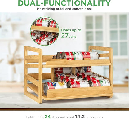 Bamboo Rolling Can Organizer for Pantry, Stackable 2 Tier Canned Food Organizer Rack for Storage, Kitchen Cabinet, Can Holders Dispensers for Pantry Up To 27 Cans
