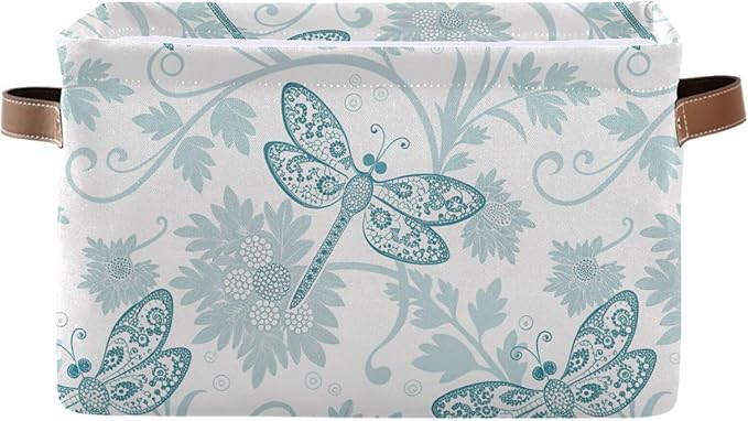 Foldable Storage Baskets, Parsley Dragonfly Storage Bins with Handles, Decorative Cloth Organizer Storage Boxes for Home|Office 15 x 11 x 9.5 in