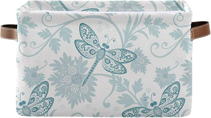Foldable Storage Baskets, Parsley Dragonfly Storage Bins with Handles, Decorative Cloth Organizer Storage Boxes for Home|Office 15 x 11 x 9.5 in