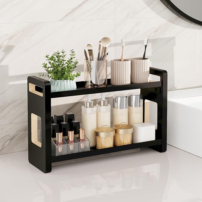 Bathroom Counter Organizer,Bathroom Counter Shelf,Bathroom Organizers,Under Sink Organizer,Cologne Organizer For Men,Cologne Cabinet,Spice Rack Organizer for Cabinet,Gifts(Black 2 Tier)