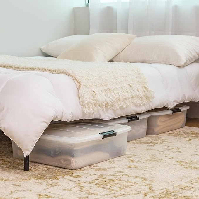 IRIS USA 33 Qt Plastic Under Bed Storage Organizer Bin Container with Secure Lids and Durable Black Buckles, Multi-Purpose for Clothes, Shoes, Clothing, and Bedding, Short, Clear, 3 Pack