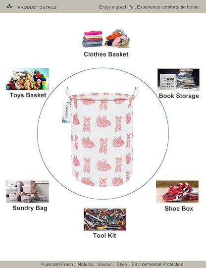 Round Collapsible Laundry Hamper for Girls,Waterproof Pink Ballerina Dance Shoes Print Storage Bin,Large Capacity Toy Organizer for Kids Room Nursery Playroom,Ideal New Parent Gift