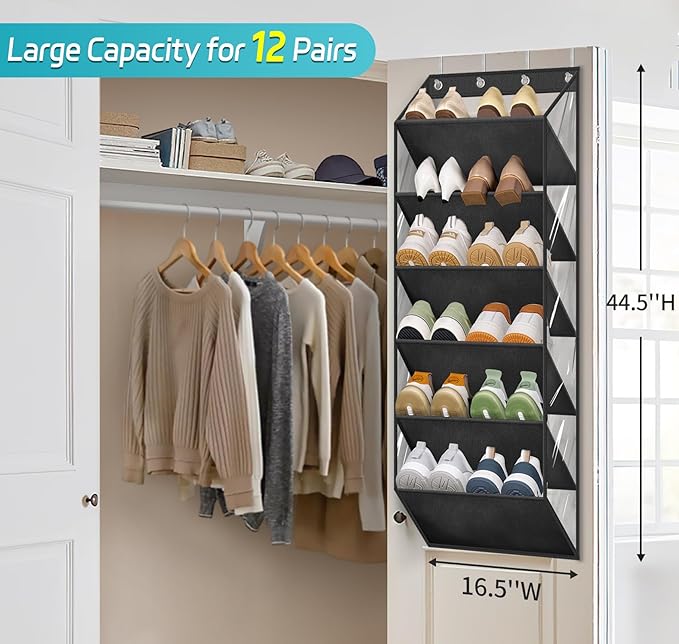 AOODA Clear Over The Door Shoe Organizer Storage Holds 12 Pairs, Narrow Door Hanging Shoe Rack for Closet, Deep Pockets Shoe Holder Hanger for Sneakers, Boots (Black)
