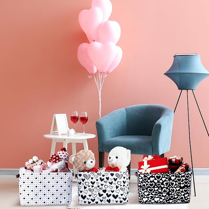 Geelin 3 Pcs Valentines Baskets Storage Valentine's Day Basket for Gifts Collapsible Waterproof Canvas Black and White Heart Storage Bin Organizer with Handles for Book Closet Shelf Nursery Decor