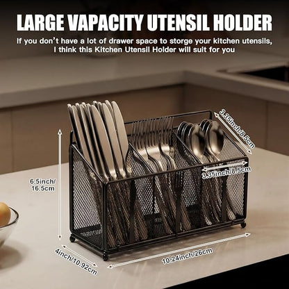 Metal Utensil Caddy Silverware Caddy, Black Silverware Holder for Countertop Flatware Utensil Cutlery Organizer Container for Spoon Fork Knives Kitchen Outdoor Party Camping Picnic Storage