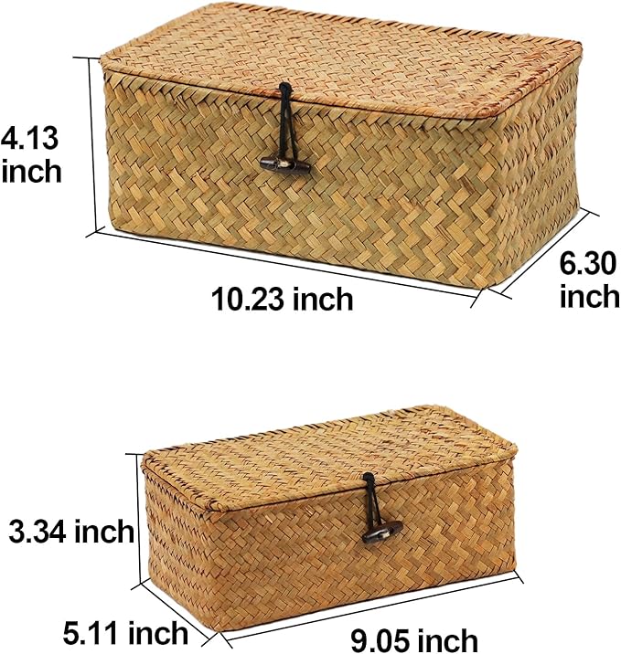 Set of 2 Wicker Basket with Lid, Seagrass Woven Basket for Storage, Decorative Storage Baskets Bins for Organizing Home