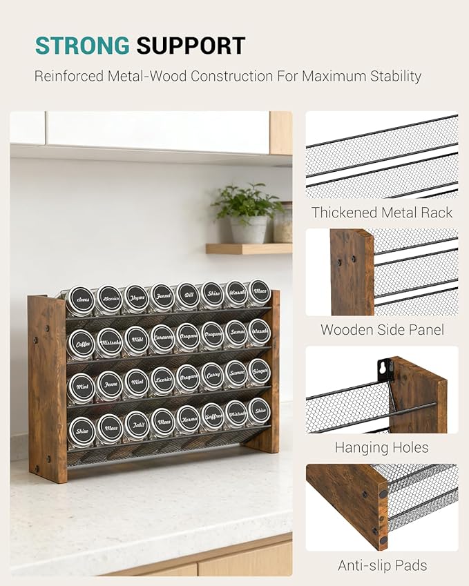 NESAPTO Spice Rack Organizer with 32 Glass Spice Jars, Wood 4-Tier Seasoning Organizer with Labels for Cabinet, Pantry, Countertop or Wall Mount, Chalk Marker and Funnel Set, 15.7" W × 9.4" H
