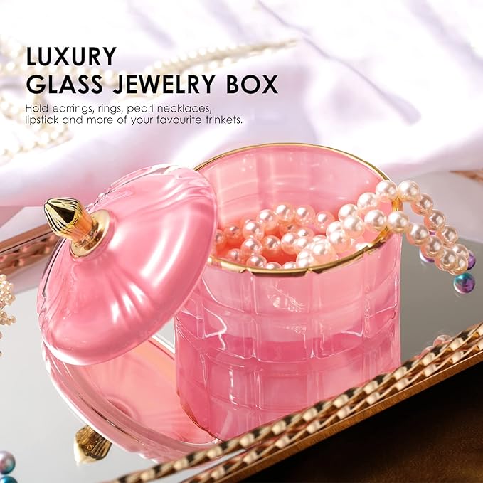 ALAMHI Glass Candy Dish Decorative Bowl, Apothecary Jars with Lids Bathroom Glass Jars for Cotton Ball or Cotton Swab Jewelry Storage Boxes with Lids, Crystal Pink Gifts for Women