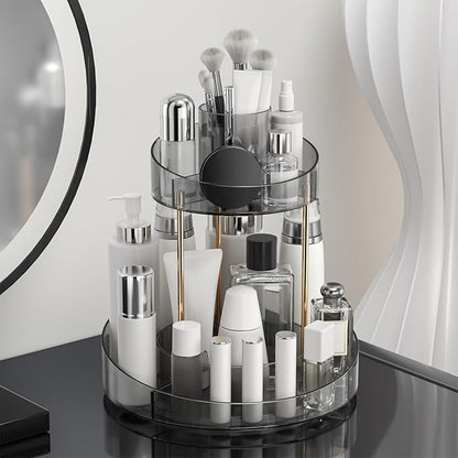 2 tier Makeup Organizer Countertop,360 Rotating Makeup Organizer for Skincare, Lipstick and Perfumes,Multi-function Cosmetic Display Cases for Vanity,Bathroom,Grey
