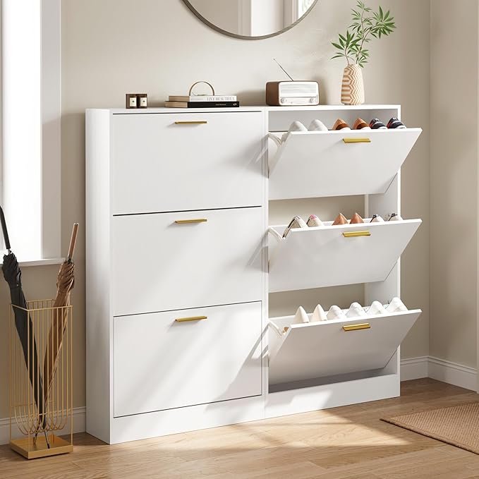 Shoe Cabinet Storage for Entryway, White Shoe Organizer with 2 Flip Drawers & Open Shelf, Freestanding Hidden Large Shoe Storage Cabinet (1pc-White, 3 Flip Drawers)