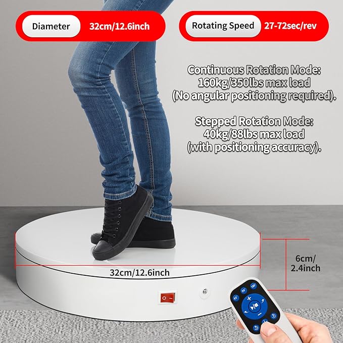 12.6Inch/350lbs Capacity Large Rotating Platform,Remote Rotating Display Stand ,Electric Motorized Turntable,Photography Turntable,Heavy Duty Rotating Platform for Photography,3D Scanner,Exhibition