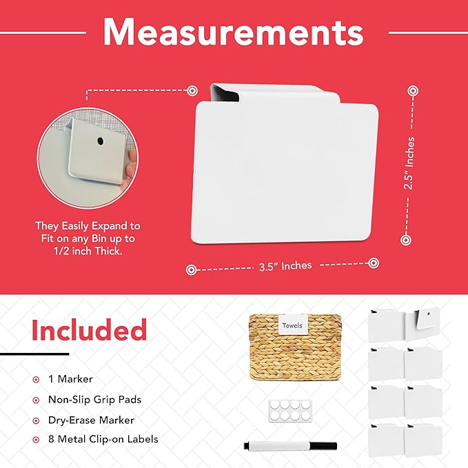 Labels for Storage Bins | Metal Storage Bin Clips (2.5” x 3.5”) - Set of 8 Basket Clip On Tags for Storage Bins w/Non-Slip Grip Pads & Dry Erase Marker - Removable Bin Labels for Storage Baskets