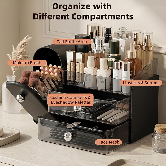 Makeup Organizer with Dustproof Brush Holder, Large Capacity Skincare & Cosmetic Storage for Vanity, 3-Tier Bathroom Countertop Organizer with Drawers for Perfume, Lipstick, Mask, Ideal Gift (Black)